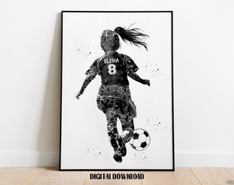 Soccer Player Little Girl with Ball Personalized Art Custom Name and Number Sport Watercolor Digital Printable Download