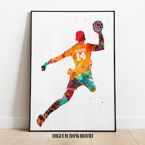 Jugador de balonmano arte personalizado nombre personalizado y número deporte acuarela digital imprimible descargar