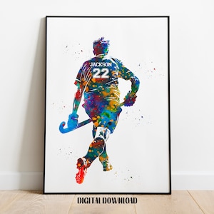 Jogador de hóquei em campo arte personalizada nome e número personalizado esporte aquarela download digital para impressão