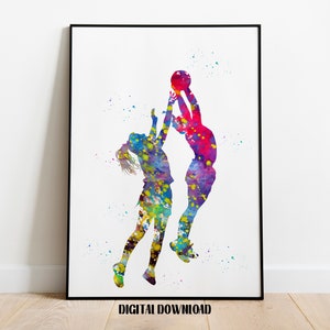Cartaz esportivo para meninas jogadoras de netball, arte em aquarela para esportes em equipe, impressão digital para download