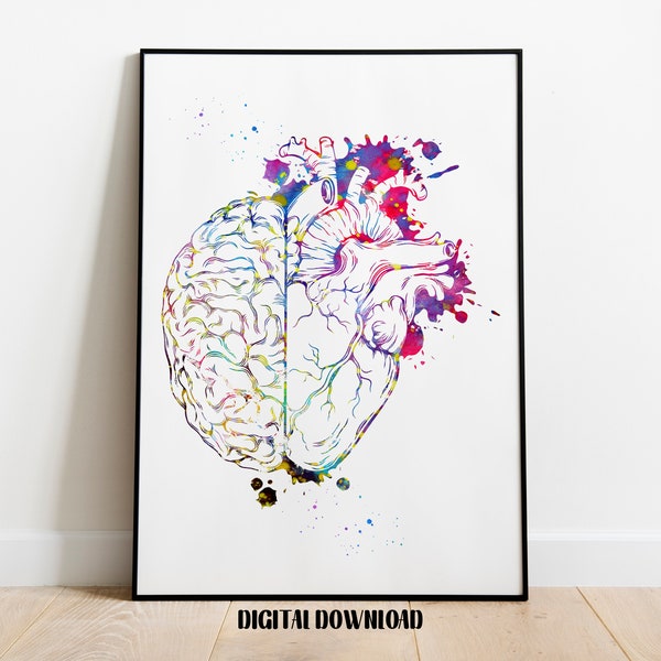 Coeur et cerveau clinique décor affiche Science médicale aquarelle téléchargement imprimable numérique