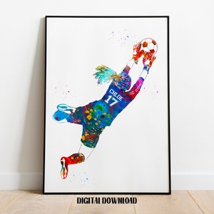 Joueur de football fille gardien de but attraper balle Art personnalisé nom et numéro Sport aquarelle téléchargement imprimable numérique
