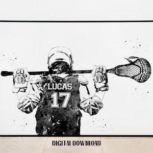 Joueur de crosse personnalisé art nom et numéro personnalisés sport aquarelle numérique imprimable téléchargement