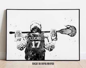 Lacrosse Player Personalized Art Custom Name and Number Sport Watercolor Digital Printable Download