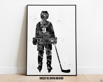 Hockey Player Little Girl Personalized Art Custom Name and Number Sport Watercolor Digital Printable Download