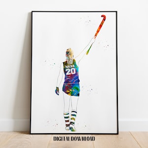 Field Hockey Player Girl Personalized Art Custom Name and Number Sport Watercolor Digital Printable Download