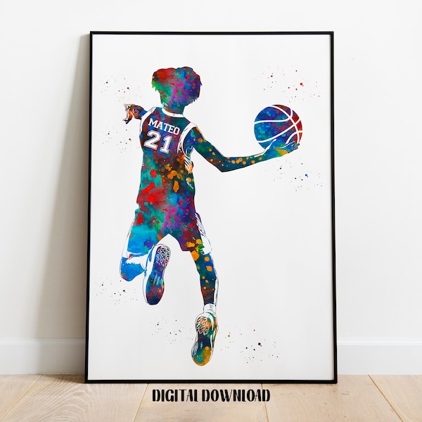 Garçon de joueur de basket-ball avec ballon Art personnalisé nom et numéro Sport aquarelle téléchargement imprimable numérique