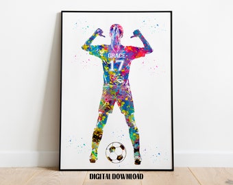 Soccer Player Girl with Ball Personalized Art Custom Name and Number Sport Watercolor Digital Printable Download