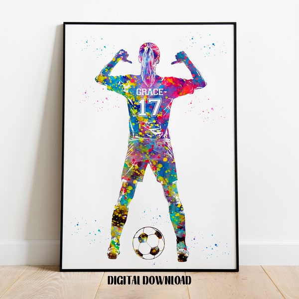 Joueur de football fille avec ballon Art personnalisé nom et numéro Sport aquarelle téléchargement imprimable numérique