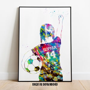 Voetballer meisje met bal Gepersonaliseerde kunst aangepaste naam en nummer sport aquarel digitale afdrukbare download