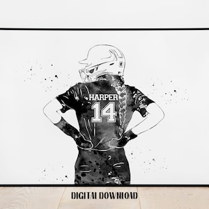 Jugador de Softbol chica arte personalizado nombre personalizado y número deporte acuarela descarga Digital imprimible