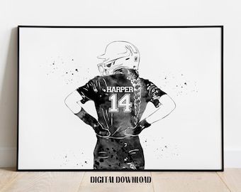 Softball Player Girl Personalized Art Custom Name and Number Sport Watercolor Digital Printable Download