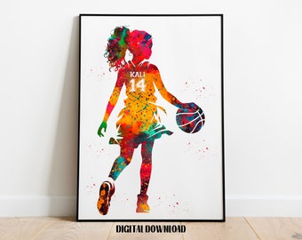 Basketball Player Little Girl Personalized Art Custom Name and Number Sport Watercolor Digital Printable Download