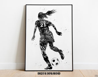 Soccer Player Girl with Ball Personalized Art Custom Name and Number Sport Watercolor Digital Printable Download