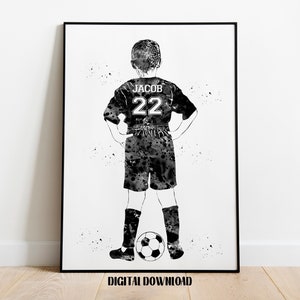 Soccer Player Little Boy with Ball Personalized Art Custom Name and Number Sport Watercolor Digital Printable Download