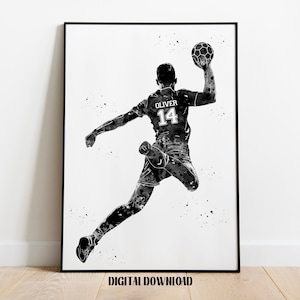 Giocatore di pallamano arte personalizzata nome personalizzato e numero Sport acquerello download stampabile digitale