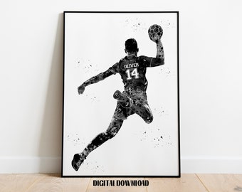 Handball Player Personalized Art Custom Name and Number Sport Watercolor Digital Printable Download