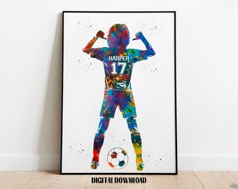 Soccer Player Girl with Ball Personalized Art Custom Name and Number Sport Watercolor Digital Printable Download