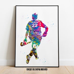 Veldhockeyspeler gepersonaliseerde kunst aangepaste naam en nummer Sport aquarel digitale afdrukbare download