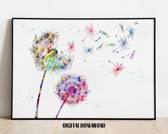 Dandelion Flowers Poster Nature Watercolor Art Digital Printable Download