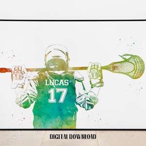 Lacrosse Player Personalized Art Custom Name and Number Sport Watercolor Digital Printable Download