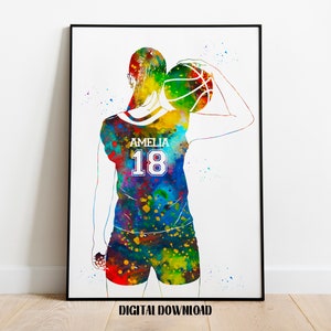 Basketball Player Girl Personalized Art Custom Name and Number Sport Watercolor Digital Printable Download