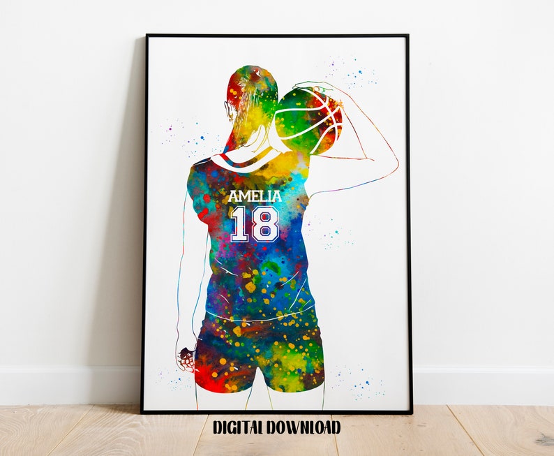 Basketball Player Girl Personalized Art Custom Name and Number Sport Watercolor Digital Printable Download