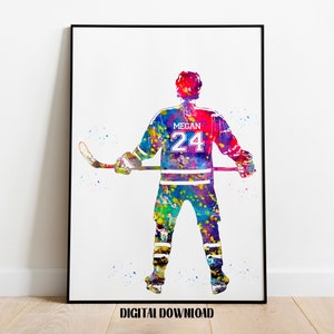 Hockey Player Girl Personalized Art Custom Name and Number Sport Watercolor Digital Printable Download