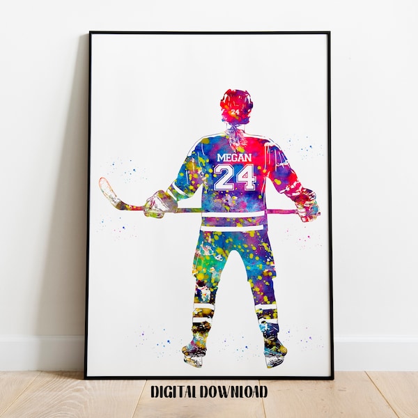 Hockey Player Girl Personalized Art Custom Name and Number Sport Watercolor Digital Printable Download