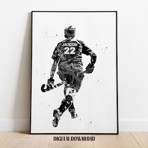 Field Hockey Player Personalized Art Custom Name and Number Sport Watercolor Digital Printable Download