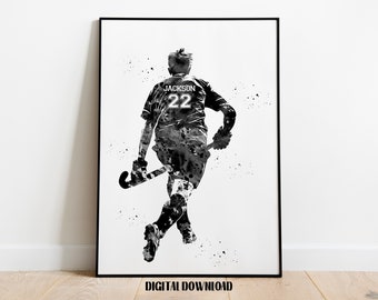 Field Hockey Player Personalized Art Custom Name and Number Sport Watercolor Digital Printable Download