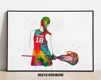 Girl Lacrosse Player Personalized Art Custom Name and Number Sport Watercolor Digital Printable Download
