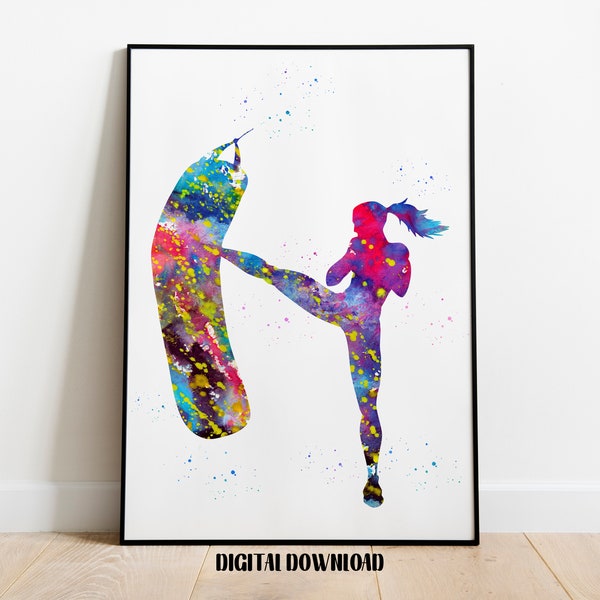 Kickbox Female Martial Artist Women In Sports Girls Sport Poster Watercolor Art Digital Printable Download