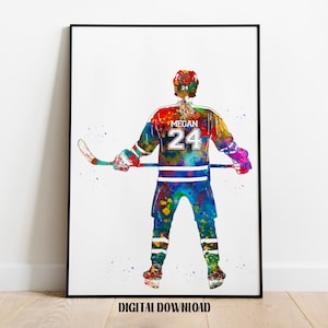 Hockey Player Girl Personalized Art Custom Name and Number Sport Watercolor Digital Printable Download