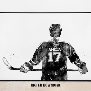 Hockey Player Girl Personalized Art Custom Name and Number Sport Watercolor Digital Printable Download