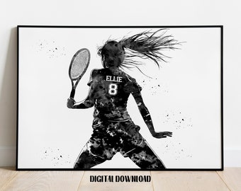 Tennis Player Girl Personalized Art Custom Name and Number Sport Watercolor Digital Printable Download