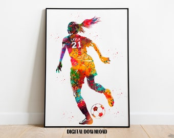 Soccer Player Girl with Ball Personalized Art Custom Name and Number Sport Watercolor Digital Printable Download