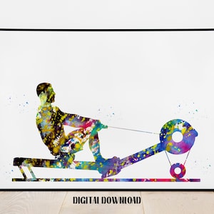 Man Rowing Gym Exercise Sport Poster Watercolor Art Digital Printable Download