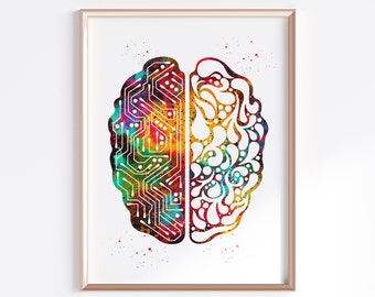 Intelligence artificielle Anatomie du cerveau Art informatique Neurologie Affiche Science médicale Aquarelle Numérique Imprimable Télécharger