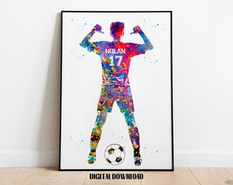 Joueur de football avec ballon personnalisé Art personnalisé nom et numéro aquarelle Sport téléchargement imprimable numérique