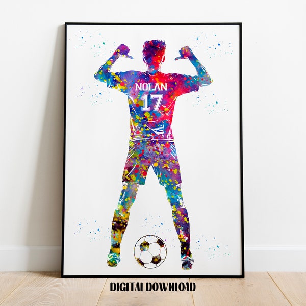 Joueur de football avec ballon personnalisé Art personnalisé nom et numéro aquarelle Sport téléchargement imprimable numérique