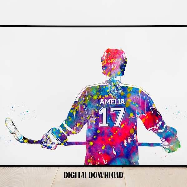 Hockey Player Girl Personalized Art Custom Name and Number Sport Watercolor Digital Printable Download