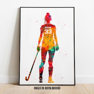 Field Hockey Player Girl Personalized Art Custom Name and Number Sport Watercolor Digital Printable Download