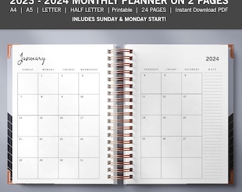 2023-2024 Monthly Planner Printable, Dated Month on 2 Pages, A4,A5,Letter,Half, Instant Download, Vertical, TOS_405