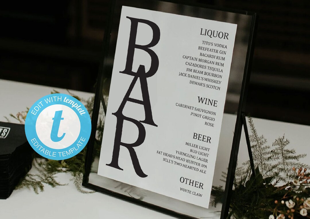 Modern Bar Menu for Wedding-5x7-8x10 TEMPLETT Printable Editable, TOS ...