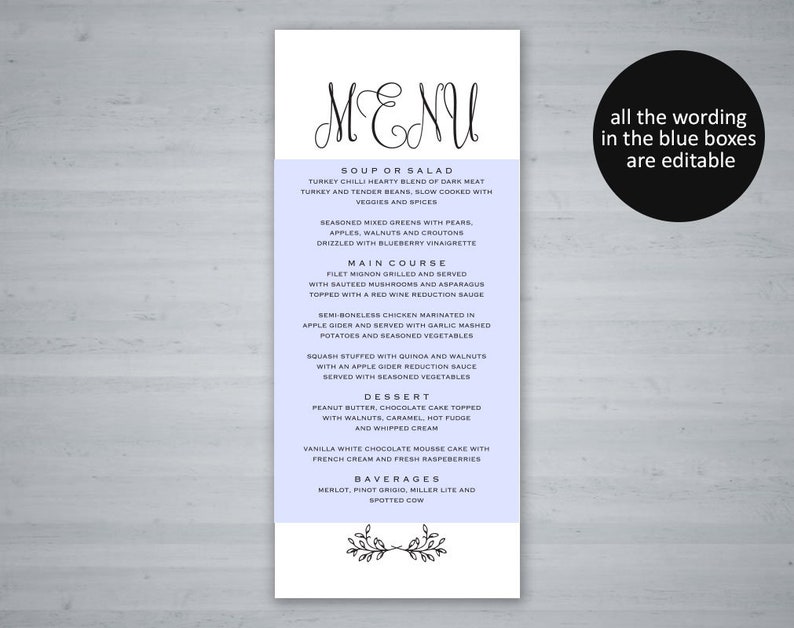 Editable Menu Rustic Wedding PDF Instant Download Menu Template Printable Wedding Menu Wedding Menu Template Menu Cards TOS/_297