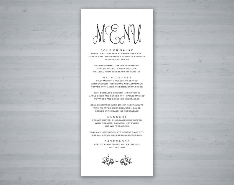 Editable Menu Rustic Wedding PDF Instant Download Menu Template Printable Wedding Menu Wedding Menu Template Menu Cards TOS/_297