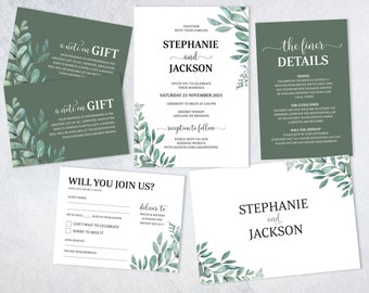 Greenery Wedding Invitation Template Suite, botanical Printable Wedding Invitation, Wedding Invitations, Leaves Invitation Suite, TOS_16