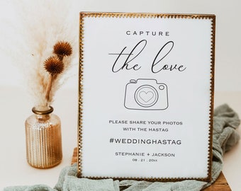 Elegant Wedding Photo Sign, Capture the Love Sign, Modern Wedding Hashtag Sign, Wedding Social Media Hashtag Sign, TOS_89