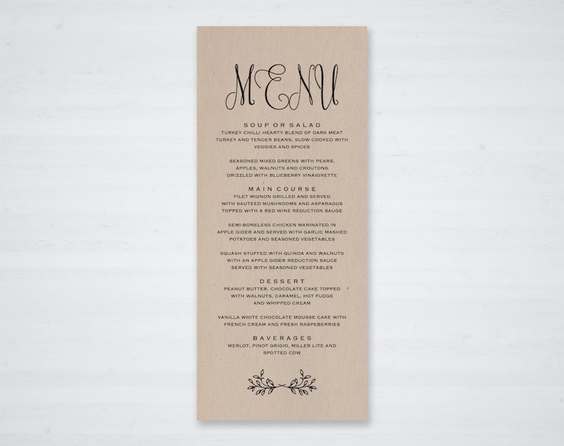 Editable Menu Rustic Wedding PDF Instant Download Menu Template Printable Wedding Menu Wedding Menu Template Menu Cards TOS/_297